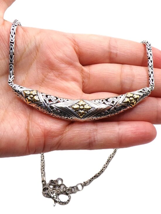 Jewelry - 925 Sterling Silver & 18K Gold Accents Byzantine Statement Necklace